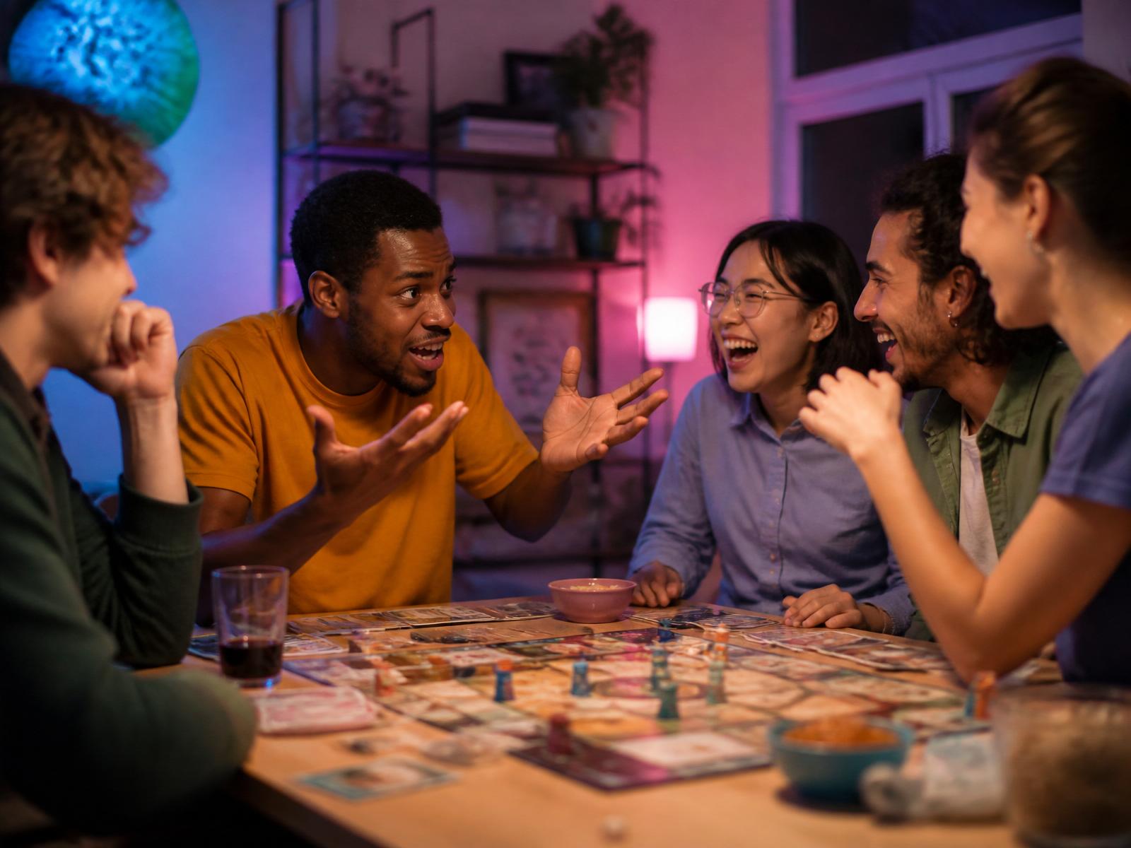 Vrienden lachen tijdens een potje